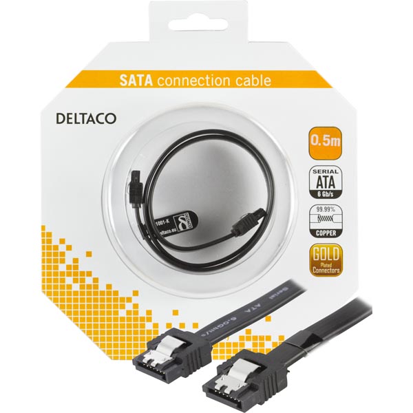 Deltaco SATA kaapeli, 6Gb/s, lukkoklipsit, kullattu, 0.5m, musta